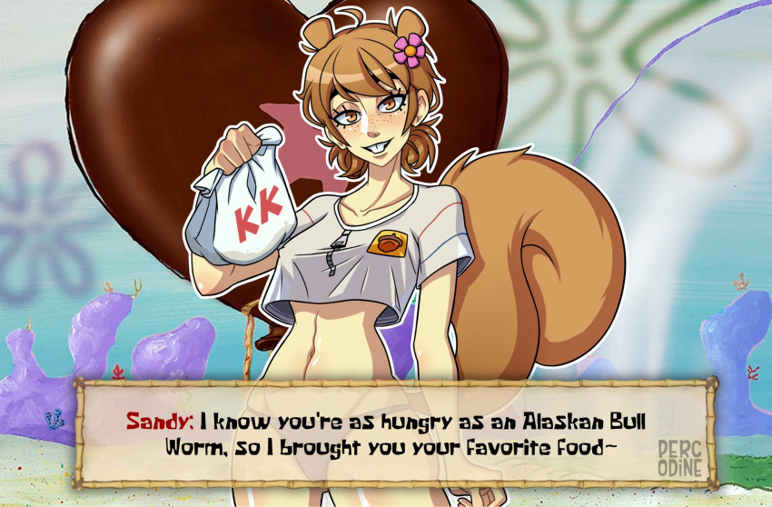 animal_ears artist_name bag breasts brown_eyes brown_hair buck_teeth character_name crop_top dialogue_box english_text female flower freckles hair_flower hair_ornament highres holding holding_bag humanization looking_at_viewer medium_breasts panties paper_bag percodine pink_flower purple_panties sandy_cheeks shirt short_hair short_sleeves solo spongebob_squarepants_(series) squirrel_ears squirrel_girl squirrel_tail tail teeth underwear white_shirt