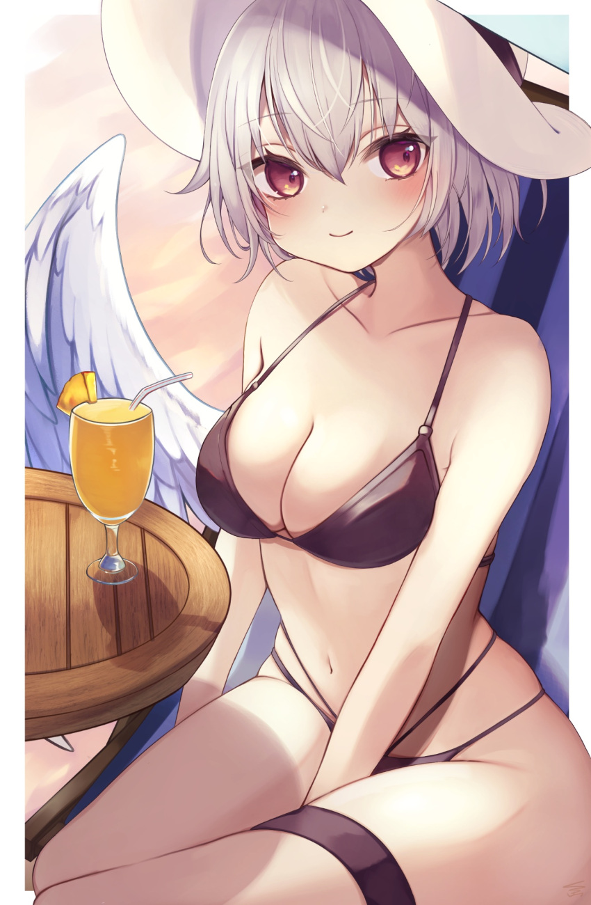 angel_wings beach bikini black_bikini breasts chair drink female folding_chair grey_hair highres kishin_sagume looking_at_viewer red_eyes sand single_wing solo swimsuit table thigh_strap touhou white_wings wings yuineko