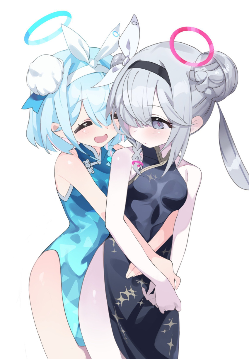 2girls absurdres arona_(blue_archive) bare_shoulders black_dress blue_archive blue_dress blue_halo blush breasts china_dress chinese_clothes closed_eyes cowboy_shot dress grey_eyes grey_hair hair_bun hairband halo highres hug hug_from_behind long_hair multiple_girls open_mouth pink_halo plana_(blue_archive) satouta simple_background small_breasts thighs white_background