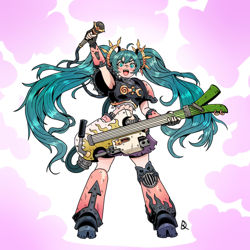 abs adeptus_astartes armor blue_eyes chaos_space_marine crossover electric_guitar female fingerless_gloves gloves green_hair guitar hatsune_miku highres holding holding_guitar holding_instrument holding_microphone instrument kabewski long_hair microphone noise_marines pauldrons power_armor shoulder_armor solo vocaloid warhammer_40k worldwide_miku