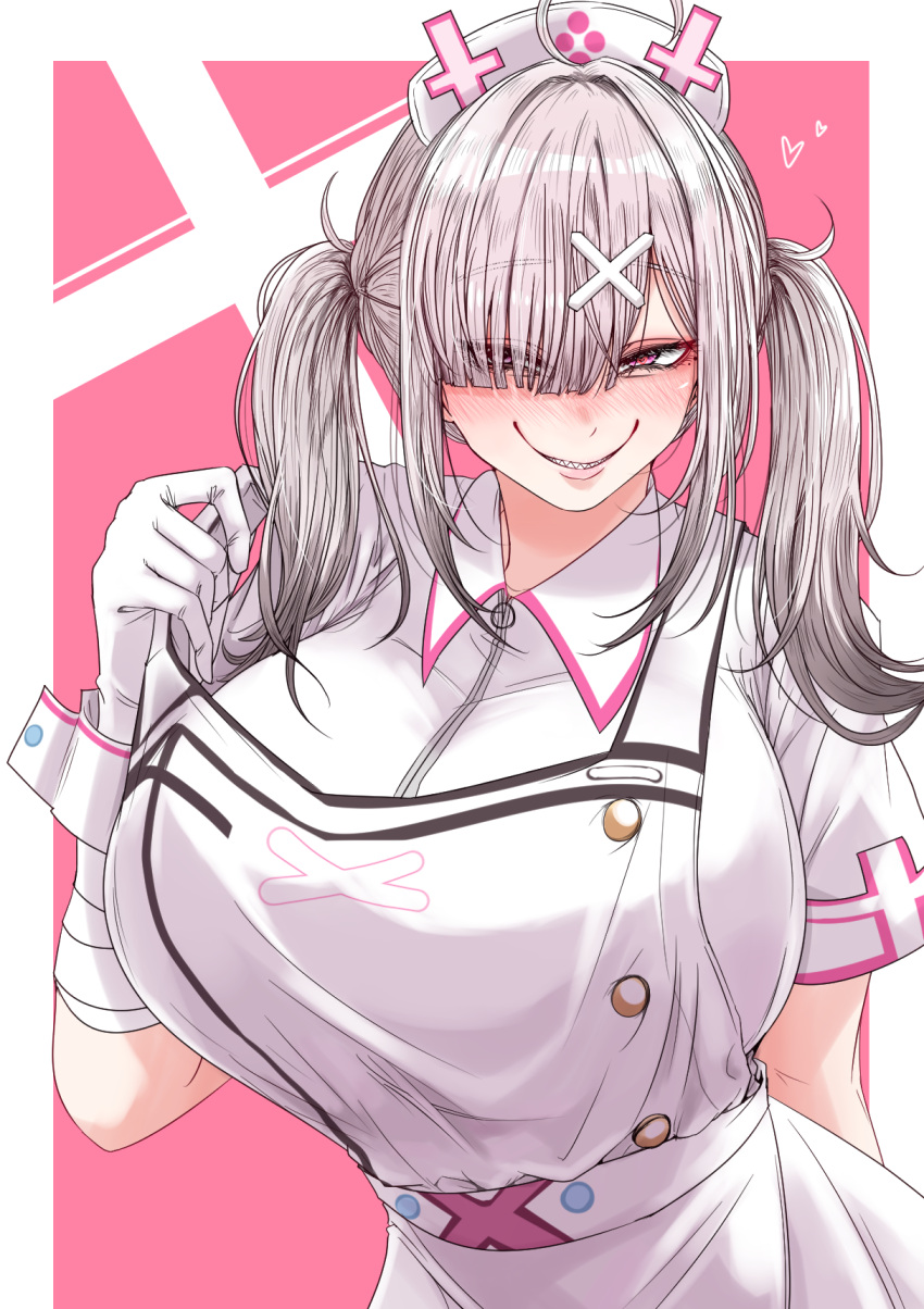 ahoge bandaged_arm bandages blush breasts cross_hat_ornament eyes_visible_through_hair female gloves grey_hair hair_ornament hair_over_one_eye hat highres large_breasts long_hair looking_at_viewer mole mole_under_eye nijisanji nurse nurse_cap open_mouth purple_eyes sei_no_ji sharp_teeth smile solo sukoya_kana sukoya_kana_(1st_costume) teeth twintails virtual_youtuber white_wrist_cuffs wrist_cuffs x x_hair_ornament