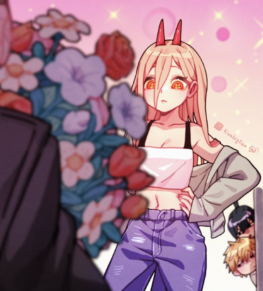 2boys artist_name bare_shoulders black_hair black_jacket blonde_hair blue_flower blue_pants blurry blurry_foreground bouquet breasts camisole chainsaw_man cleavage commentary_request cowboy_shot crop_top cross-shaped_pupils demon_girl demon_horns denim denji_(chainsaw_man) female flower gradient_background grey_jacket hair_between_eyes hand_on_own_hip hayakawa_aki high_ponytail highres holding holding_bouquet horns jacket jeans lianbiglian long_hair long_hair_between_eyes long_sleeves midriff multiple_boys navel off_shoulder pants pink_background power_(chainsaw_man) red_flower red_horns red_rose rose short_ponytail sparkle standing stomach symbol-shaped_pupils very_long_hair white_flower yellow_eyes