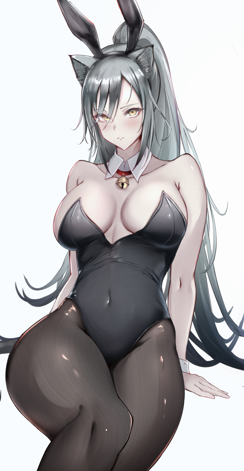 absurdres alternate_costume animal_ear_hairband animal_ears arknights bare_shoulders bell black_leotard blush breasts cat_girl cat_tail closed_mouth collarbone covered_navel detached_collar fake_animal_ears female grey_hair hair_between_eyes hairband highleg highleg_leotard highres large_breasts leotard long_hair looking_at_viewer neck_bell pantyhose playboy_bunny poni_(poni_arknights) ponytail rabbit_ear_hairband rabbit_ears schwarz_(arknights) simple_background sitting solo strapless strapless_leotard tail thighs very_long_hair wrist_cuffs yellow_eyes