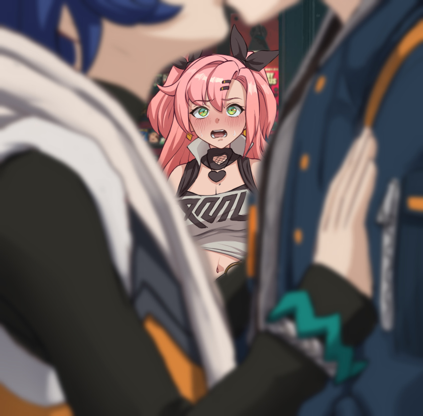 1boy 2girls belle_(zenless_zone_zero) black_ribbon blue_hair blue_jacket blurry blurry_foreground blush breasts brother_and_sister cleavage crop_top green_eyes grey_hair hair_ornament hair_ribbon hairclip highres incest jacket kissing large_breasts long_hair luizhtx midriff mole multiple_girls navel netorare nicole_demara open_mouth pink_hair reverse_netorare ribbon short_hair siblings straight strapless tube_top two_side_up upper_body wise_(zenless_zone_zero) zenless_zone_zero