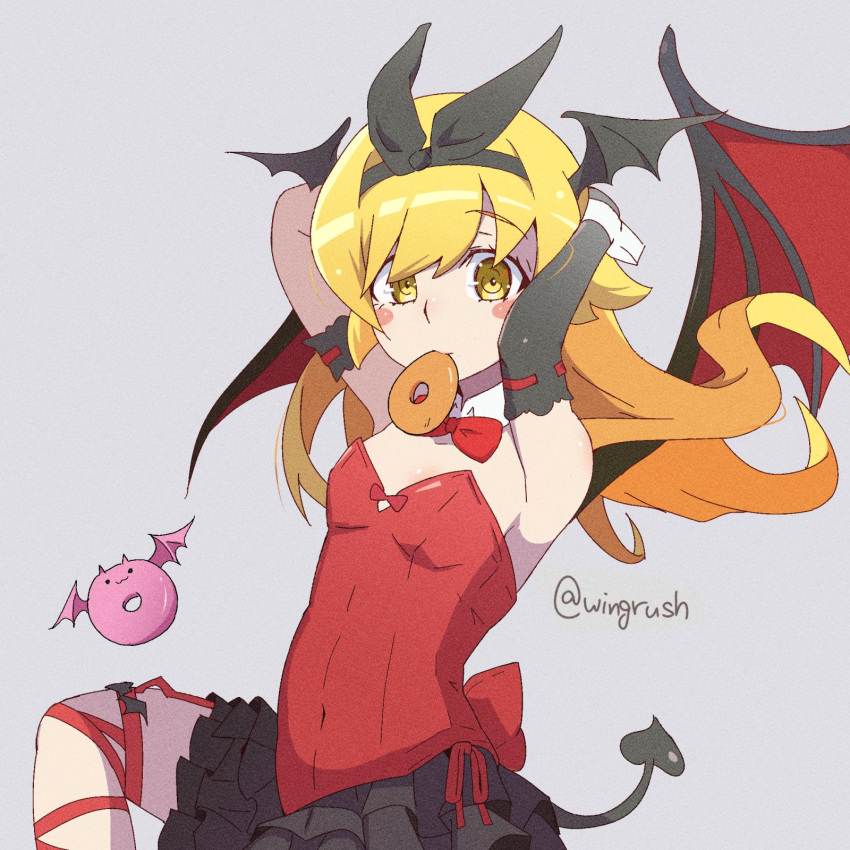 animal_ears arms_behind_head arms_up artist_name bare_shoulders black_gloves black_hairband black_ribbon black_skirt black_sleeves black_tail black_wings blonde_hair blush blush_stickers bow bowtie breasts closed_mouth collar covered_navel cowboy_shot demon_tail demon_wings detached_collar doughnut elbow_gloves fake_tail female film_grain food food_in_mouth fooring frilled_skirt frills gloves grey_background hair_ribbon hairband hairbow head_wings highres layered_skirt leg_ribbon leotard long_hair looking_at_viewer miniskirt monogatari_(series) mouth_hold nontraditional_playboy_bunny oshino_shinobu red_bow red_bowtie red_leotard red_ribbon red_wings ribbon simple_background skirt small_breasts solo strapless strapless_leotard tail twitter_username vampire white_collar wings wrist_cuffs yellow_eyes