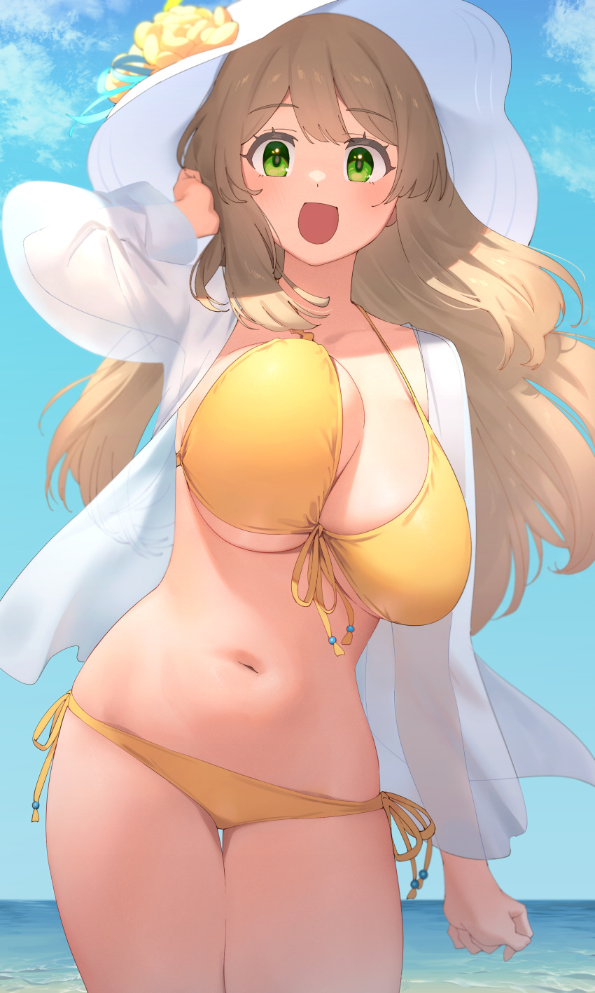 :d absurdres arm_up beach bikini blonde_hair blue_archive blue_sky blush breasts cleavage cloud cowboy_shot day female flower front-tie_top green_eyes groin hat highres large_breasts long_hair long_sleeves looking_at_viewer navel nonomi_(blue_archive) nonomi_(swimsuit)_(blue_archive) ocean official_alternate_costume open_clothes open_mouth open_shirt outdoors see-through see-through_shirt shirt sky smile solo standing stomach string_bikini sun_hat swimsuit thigh_gap thighs ubo_(ubo_tales) water white_shirt yellow_bikini