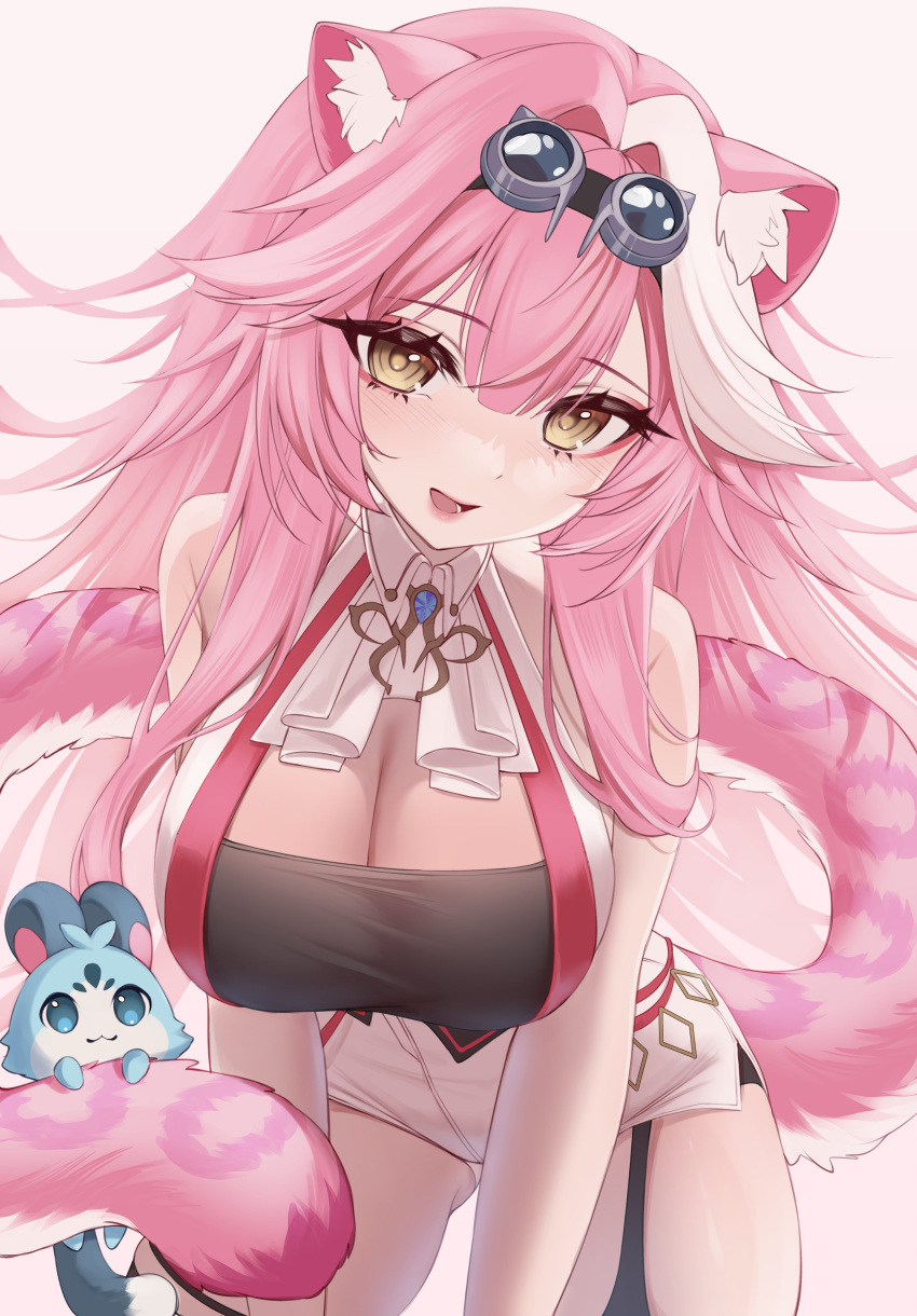 absurdres animal_ear_fluff animal_ears bare_shoulders black_tube_top blue_eyes blue_fur breasts chattino_(raora_panthera) cleavage cowboy_shot female goggles goggles_on_head hair_flaps highres hololive hololive_english large_breasts leaning_forward long_hair looking_at_viewer lorikaruu open_mouth panther_ears panther_girl panther_tail pink_hair raora_panthera raora_panthera_(1st_costume) short_shorts shorts strapless thigh_strap thighhighs thighs tube_top vest virtual_youtuber white_background white_hair white_thighhighs white_vest yellow_eyes