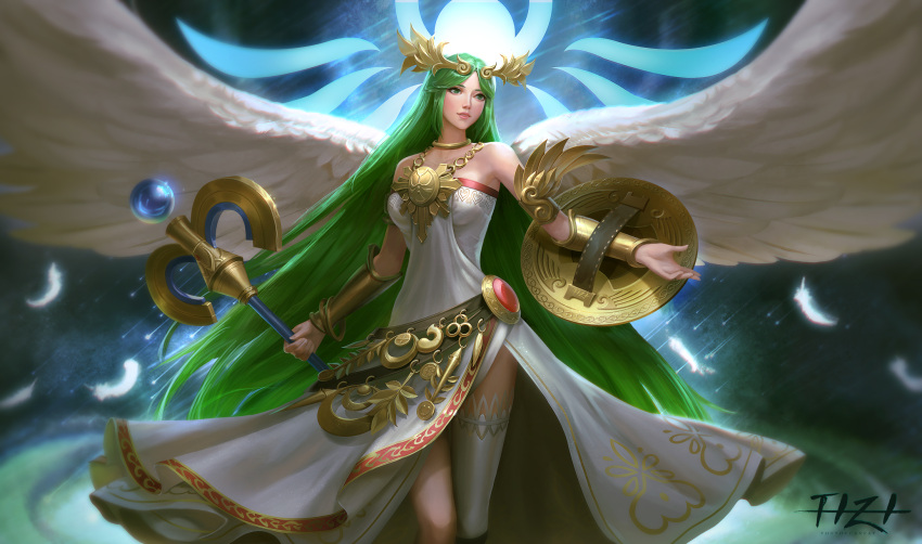 angel_wings artist_name bare_shoulders bracelet breasts circlet dress facing_viewer feathers feet_out_of_frame female green_eyes green_hair highres holding holding_staff jewelry kid_icarus lips long_hair medium_breasts neck_ring necklace palutena shield side_slit solo staff standing super_smash_bros. thighhighs thighs tiara vambraces very_long_hair white_dress white_thighhighs wings yuuyuucaneat