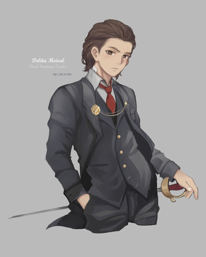 1boy absurdres artist_name black_suit brown_eyes brown_hair character_name copyright_name delita_heiral final_fantasy final_fantasy_tactics gold_buttons grey_background hand_in_pocket hand_on_weapon highres looking_at_viewer necktie red_necktie simple_background solo suit sword tuxedo upper_body weapon zhenzhu_zoldyck