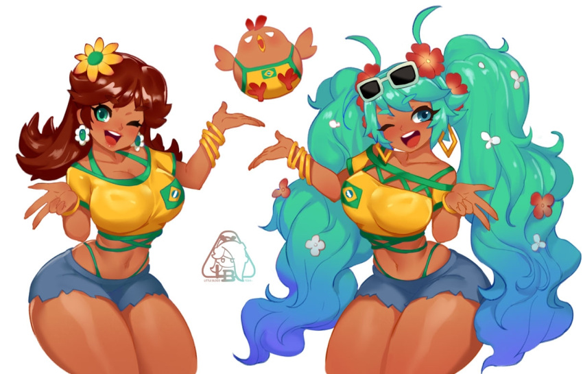 2girls aqua_eyes aqua_hair bikini bikini_under_clothes bird blue_shorts bracelet brazilian_flag brazilian_flag_print brazilian_miku brazilian_miku_(cosplay) brown_hair chicken cosplay crop_top eyewear_on_head flower green_eyes hair_flower hair_ornament hatsune_miku jewelry little123blood long_hair mario_(series) midriff multiple_girls navel one_eye_closed princess_daisy shirt shorts signature simple_background sunglasses swimsuit tan twintails very_long_hair vocaloid white_background yellow_shirt