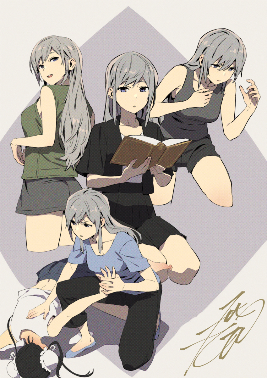 2girls :d black_hair black_shirt black_skirt blue_eyes blue_footwear blue_pants blue_shirt book collage cropped_legs double_bun fei_li fighting_stance full_body green_vest grey_hair grey_shirt grey_tank_top hair_bun highres kneeling kobayashi_gen looking_at_viewer looking_back martial_arts multiple_girls open_mouth pants reading school_girl_strikers shirt shoes shorts signature simple_background skirt smile t-shirt tank_top tatianna_alexandrovna_krovskaya twintails vest white_shirt