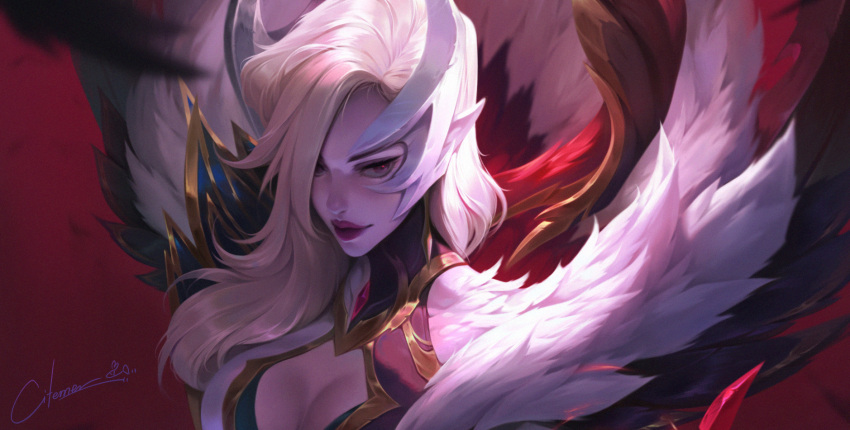 artist_name blonde_hair breasts citemer claws cleavage cleavage_cutout close-up clothing_cutout coven_morgana feathered_wings feathers female fur_trim hair_over_one_eye highres large_breasts league_of_legends long_hair looking_at_viewer makeup morgana_(league_of_legends) official_alternate_costume official_alternate_hairstyle pale_skin pointy_ears red_eyes signature solo upper_body wings yellow_eyes