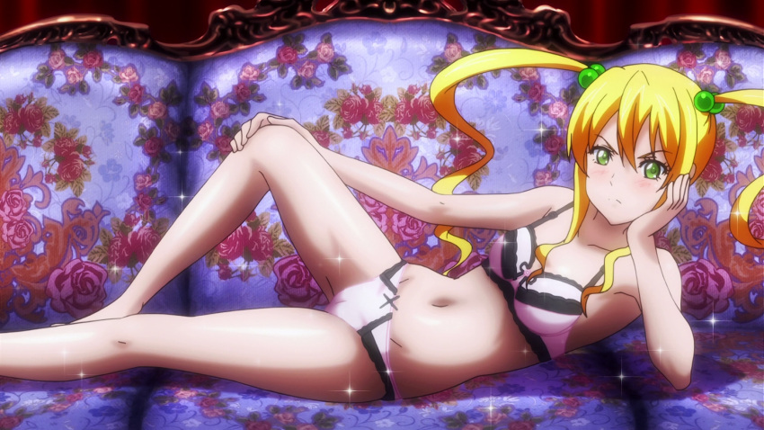 bare_arms bare_legs blonde_hair blush bra breasts closed_mouth collarbone couch eyecatch female frown green_eyes groin hair_bobbles hair_ornament hand_on_own_knee head_rest highres himegami_kodama knee_up lingerie long_hair lying maken-ki! navel on_back on_couch panties pink_bra pink_panties sidelocks small_breasts solo sparkle twintails underwear underwear_only v-shaped_eyebrows