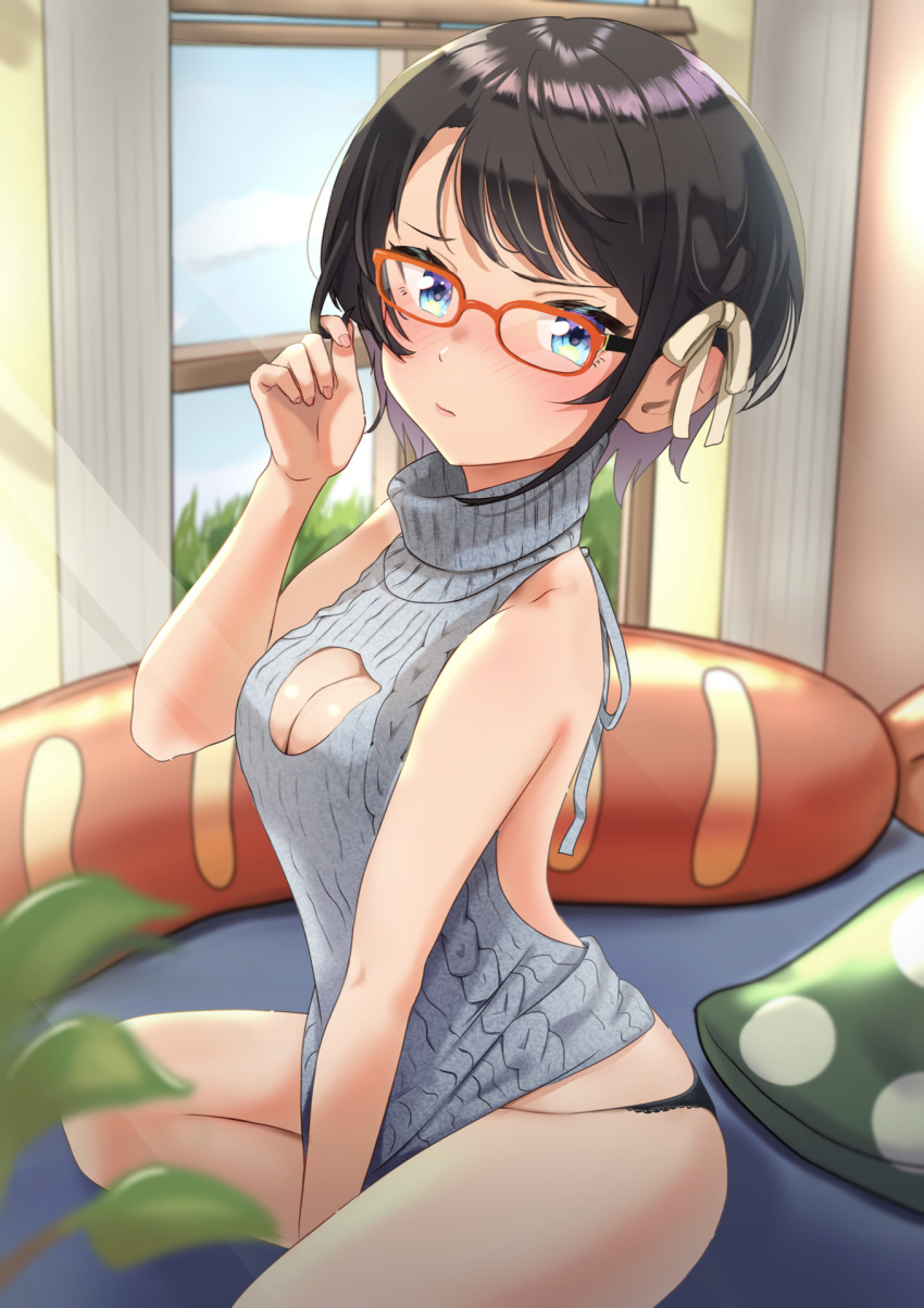 alternate_costume aqua_eyes aran_sweater backless_dress backless_outfit bare_shoulders bespectacled between_legs black_panties blurry blurry_foreground blush breasts brown_hair cable_knit cleavage cleavage_cutout closed_mouth clothes_tug clothing_cutout dress female food from_side glasses grey_sweater hair_ribbon hand_between_legs highres holding holding_own_hair hololive indoors lipgloss looking_at_viewer medium_breasts meme_attire no_pants novelty on_bed oozora_subaru orange-framed_eyewear panties pillow ribbon sausage short_hair sitting sleeveless sleeveless_sweater solo sweater sweater_tug swept_bangs taachika turtleneck turtleneck_sweater underwear virgin_killer_sweater virtual_youtuber window