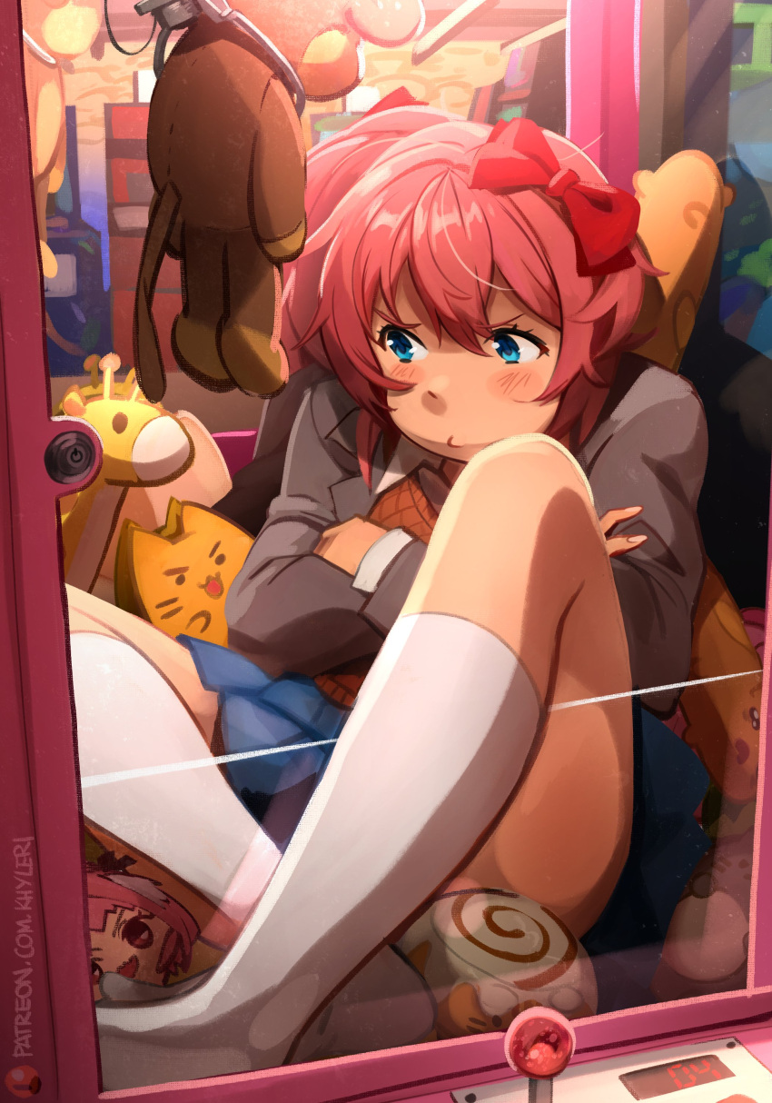 absurdres annoyed astolfo_(fate) blush borrowed_character bow cat_baguette_(popopoka) character_doll commentary crane_game doki_doki_literature_club english_commentary fate_(series) female hair_ornament hairclip hanging haunted_astolfo_bean_plush highres in_crane_game jacket khyle. long_sleeves pink_eyes pink_hair pout purple_eyes red_bow red_ribbon ribbon sayori_(doki_doki_literature_club) short_hair skirt socks solo stuffed_toy tonari_no_totoro totoro two_side_up white_socks