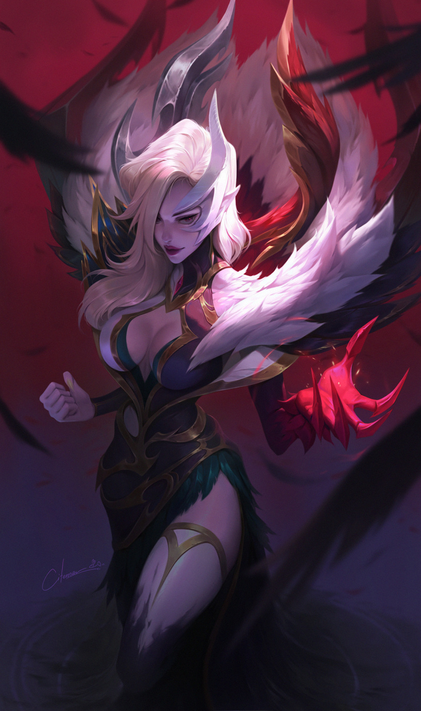 alternate_costume asymmetrical_clothes blonde_hair breasts center_opening citemer claws cleavage cleavage_cutout clenched_hand closed_mouth clothing_cutout coven_morgana cowboy_shot feathered_wings feathers female fur_trim hair_over_one_eye highres large_breasts league_of_legends long_hair looking_at_viewer makeup morgana_(league_of_legends) official_alternate_costume official_alternate_hairstyle pale_skin pointy_ears red_background red_eyes side_slit signature simple_background solo standing thighhighs wings