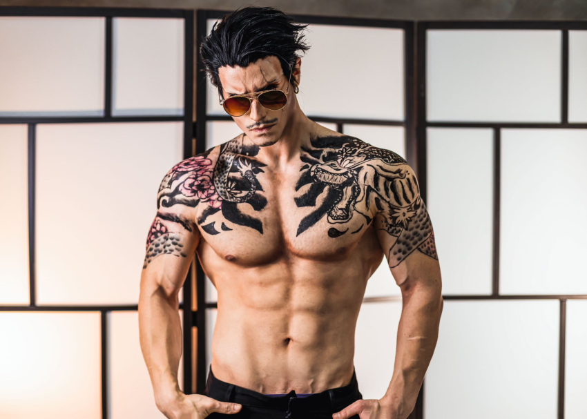 1boy abs arm_tattoo black_hair black_pants chest_tattoo closed_mouth cosplay cosplay_photo facial_hair facing_viewer forked_eyebrows goatee gokushufudou hair_slicked_back hand_in_pocket head_tilt highres male_focus moustache muscular muscular_male navel nipples pants pectorals photo_(medium) scar scar_across_eye short_hair solo sunglasses taryn_cosplay tatsu_(gokushufudou) tattoo topless_male upper_body veiny_crotch wall