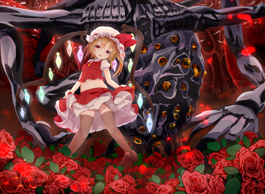 amygdala bloodborne crossover flandre_scarlet flowers navel rai_(sakuranbo_sugar) rose thighhighs touhou vampire