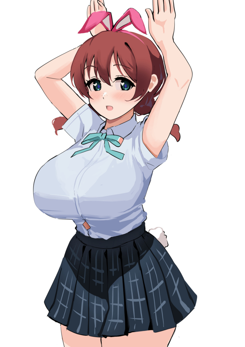 :d aqua_eyes black_bra black_skirt blush bra bra_visible_through_clothes braid breasts brown_hair collarbone commentary_request cowboy_shot emma_verde female freckles hair_between_eyes heart heart-shaped_pupils highres love_live! love_live!_nijigasaki_high_school_idol_club partial_commentary pisagi pleated_skirt rabbit_tail shirt short_sleeves sidelocks skirt smile solo standing symbol-shaped_pupils tail twin_braids underwear white_shirt