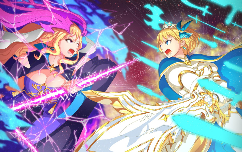 2girls armor arthur_(monster_strike) bare_shoulders blonde_hair blue_cape breastplate breasts cape cleavage floating floating_object floating_weapon glowing glowing_sword glowing_weapon hair_ornament halo highres holding holding_sword holding_weapon large_areolae long_hair lucifer_(monster_strike) monster_strike multiple_girls pauldrons purple_halo shoulder_armor sketch210_show sword tiara weapon white_veil