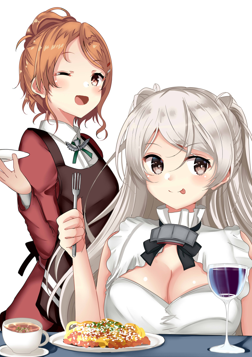 2girls absurdres apron aquila_(kancolle) breasts brown_apron brown_eyes cleavage collared_shirt commentary_request conte_di_cavour_(kancolle) conte_di_cavour_nuovo_(kancolle) cup dress dress_shirt drinking_glass food fork grey_hair hair_between_eyes high_ponytail highres himura_moritaka kantai_collection large_breasts long_hair long_sleeves multiple_girls one_eye_closed orange_hair ponytail red_shirt shirt tongue tongue_out two_side_up wavy_hair white_dress white_shirt wine_glass