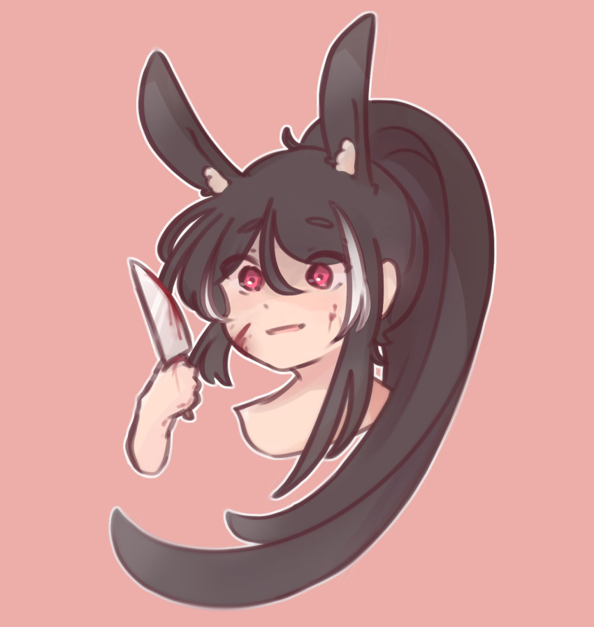 animal_ear_fluff animal_ears black_hair blood blood_on_face blood_on_knife brown_background chonkyorca commentary cropped_torso female hair_between_eyes highres holding holding_knife knife long_hair multicolored_hair original ponytail portrait rabbit_ears red_eyes simple_background solo streaked_hair symbol-only_commentary thick_eyebrows white_hair