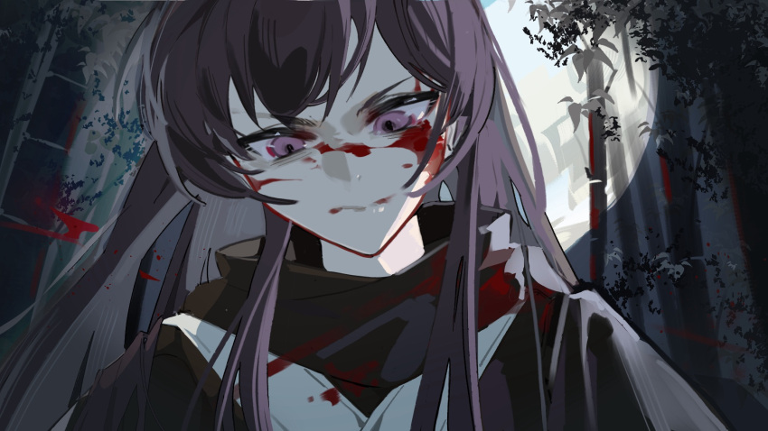 bang_dream! bang_dream!_it's_mygo!!!!! blood blood_on_clothes blood_on_face chinese_commentary closed_mouth commentary_request female highres long_hair mole mole_under_eye purple_eyes purple_hair shiina_taki shiragomi solo upper_body