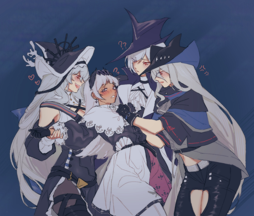 4girls ? arknights black_gloves blush clothing_cutout dress earrings female_bullying_stock_photo_(meme) front-seamed_legwear gladiia_(arknights) gloves grey_eyes grey_hair hand_on_another's_chest hand_on_another's_head head_wings highres holding_another's_wrist irene_(arknights) jewelry leaning long_hair meme multiple_girls orz_(kagewaka) pantyhose pink_skirt pointy_hat red_eyes seamed_legwear shoulder_cutout skadi_(arknights) skirt smile specter_(arknights) specter_the_unchained_(arknights) standing thigh_cutout thighhighs thighhighs_over_pantyhose very_long_hair white_hair white_pantyhose white_skirt wings yuri