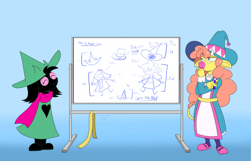 anthro big_hat bovid bovine cattle claire_higsby deltarune duo female hi_res male male/female mammal markers ralsei simple_background super_lesbian_animal_rpg thefoxxhole thinking trans_(lore) trans_woman_(lore) undertale_(series) whiteboard