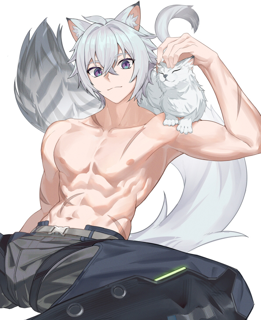 1boy abs animal_ears animal_on_shoulder cat_on_shoulder chinese_commentary closed_eyes commentary_request cross_scar feline grey_hair highres inimiyon1234 leopard_boy leopard_ears leopard_tail looking_at_viewer male_focus multiple_scars navel nipples pectorals petting scar scar_on_arm scar_on_chest scar_on_hip scar_on_neck scar_on_stomach seth_lowell sitting tail toned toned_male topless_male whiskers white_background zenless_zone_zero