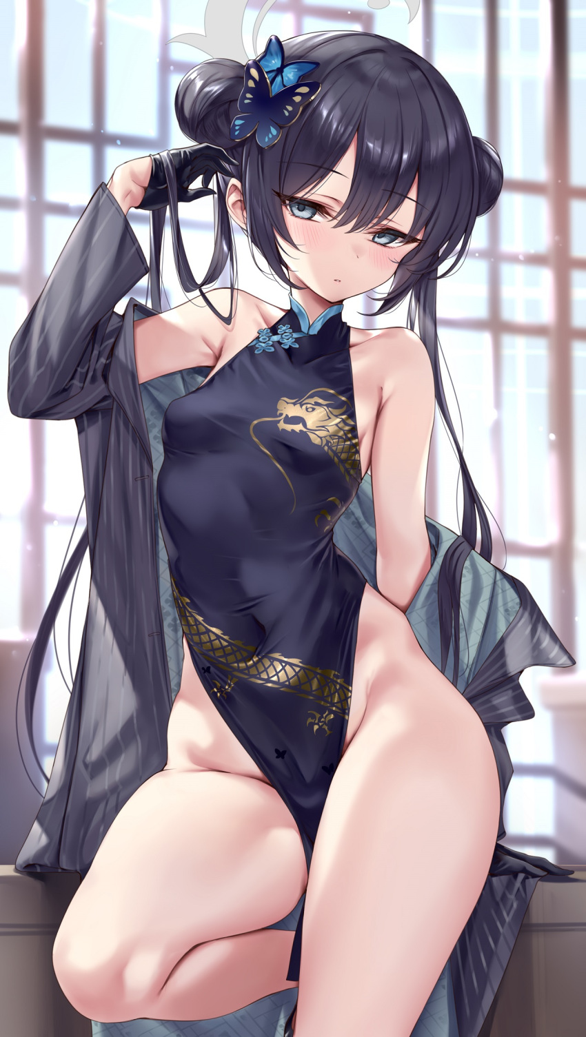 bare_shoulders black_dress black_gloves black_hair blue_archive blush braid braided_bun breasts butterfly_hair_ornament china_dress chinese_clothes coat covered_navel double_bun dragon_print dress female gloves grey_coat grey_eyes hair_bun hair_ornament half_gloves halo highres kisaki_(blue_archive) ks_(xephyrks) long_hair long_sleeves looking_at_viewer off_shoulder pelvic_curtain pinstripe_pattern short_dress side_slit small_breasts solo striped_coat thighs twintails vertical-striped_coat