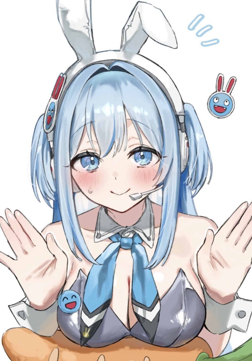 animal_ear_headphones animal_ears bare_shoulders blue_eyes blue_hair blue_neckerchief blush breasts cleavage commentary_request detached_collar fake_animal_ears female goddess_of_victory:_nikke grey_leotard hands_up headphones highres leotard lia_(pzvs3887) looking_at_viewer neckerchief notice_lines rabbit_ear_headphones shifty_(nikke) simple_background smile solo stuffed_carrot sweatdrop two_side_up upper_body white_background white_headphones