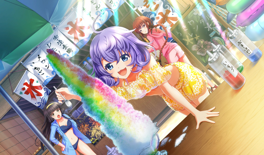 3girls :d ahoge asada_aoi beach_house beach_umbrella bikini black_hair black_ribbon blue_bikini blue_eyes blue_hoodie blunt_bangs braid braided_ponytail cinderella_series collarbone curly_hair dutch_angle food frilled_bikini frills game_cg hachigatsu_no_cinderella_nine hair_ornament hair_ribbon hairband hairclip hand_on_table hands_on_own_hips highres holding holding_spoon hood hood_down hoodie kurashiki_maiko light_rays long_hair looking_at_another looking_at_food menu_board multiple_girls navel non-web_source official_art open_clothes open_hoodie open_mouth outdoors pink_hoodie pink_shorts plastic_bottle purple_hair red_eyes red_hair ribbon shaved_ice short_hair shorts single_braid smile spoon standing sunbeam sunlight sweatdrop swim_ring swimsuit tsukishima_yui_(hachigatsu_no_cinderella_nine) umbrella very_long_hair yellow_hairband