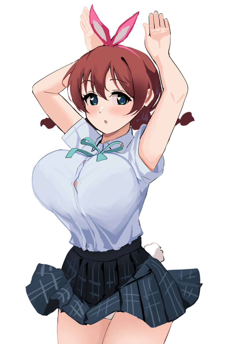 :d aqua_eyes black_bra black_skirt blush bouncing_breasts bra bra_visible_through_clothes braid breasts brown_hair collarbone commentary_request emma_verde female freckles hair_between_eyes heart heart-shaped_pupils highres jumping love_live! love_live!_nijigasaki_high_school_idol_club panties panty_peek partial_commentary pisagi pleated_skirt rabbit_tail shirt short_sleeves sidelocks skirt smile solo standing symbol-shaped_pupils tail twin_braids underwear white_panties white_shirt