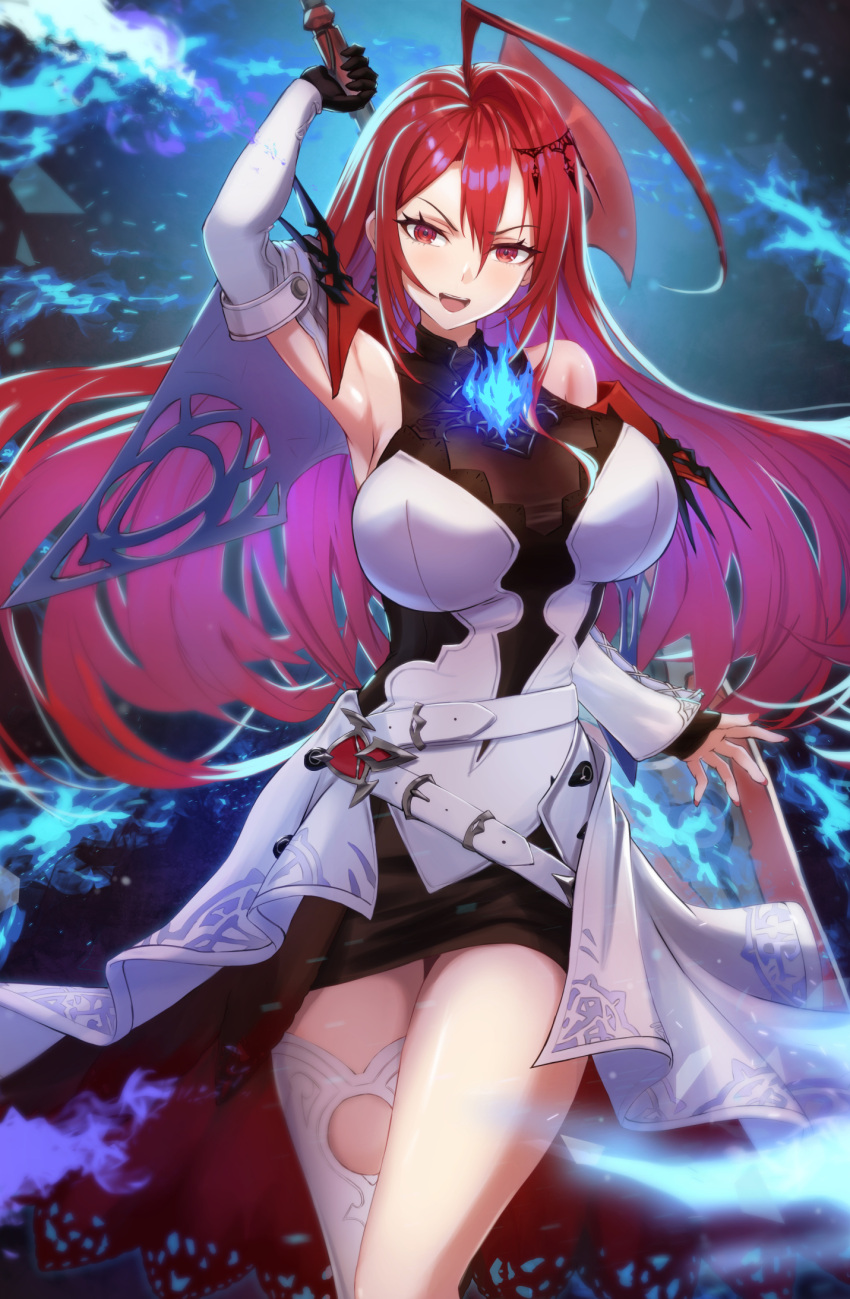 ahoge alulunkiruto black_skirt blue_fire breasts dress elizabeth_rose_bloodflame female fire gloves greatsword highres hololive hololive_english huge_ahoge large_breasts long_hair looking_at_viewer open_mouth red_eyes red_hair red_nails skirt smile solo sword thighs thorn_(elizabeth_rose_bloodflame) very_long_hair virtual_youtuber weapon white_dress