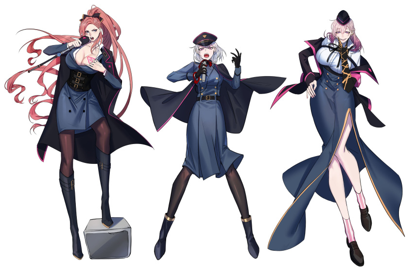 3girls absurdres ankle_boots aohitsugi_nemu belt black_belt black_bow black_cape black_footwear black_gloves black_hat black_jacket black_pantyhose black_ribbon blue_coat blue_dress blue_eyes blue_skirt blush boots bow breast_tattoo breasts buttons cape claw_ring cleavage coat coat_dress collar_tug collarbone collared_shirt commentary_request cuffed double-breasted dress earclip fishfall full_body garrison_cap gloves gradient_hair hair_between_eyes hairbow half-closed_eyes half_updo hand_on_own_chin hand_up hat high-waist_skirt high_ponytail highres holding holding_microphone hypnosis_mic jacket kadenokoji_ichijiku keitoin_honobono knee_boots korean_commentary lapels large_breasts legs_apart loafers long_hair long_skirt long_sleeves looking_at_viewer medium_dress microphone military_hat multicolored_hair multiple_belts multiple_girls nail_polish neck_ribbon notched_lapels off_shoulder open_clothes open_jacket open_mouth orange_hair pantyhose parted_lips peaked_cap pencil_dress pink_armband pink_eyes pink_hair pink_nails pink_socks ponytail purple_eyes purple_hair ribbon shirt shoes short_hair side_cape side_part side_slit simple_background single_glove single_handcuff skirt sleeve_cuffs smile socks speaker standing stepping striped_clothes striped_socks swept_bangs tattoo thorns v-shaped_eyebrows very_long_hair wavy_hair white_background white_hair white_shirt white_socks wing_collar