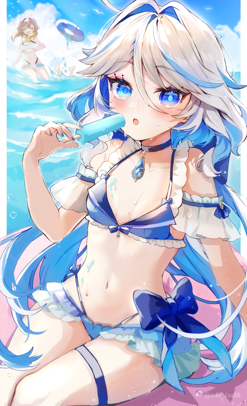 :o absurdres bare_shoulders bikini blue_bikini blue_bow blue_choker blue_eyes blue_gemstone blue_hair blue_panties blue_pupils blue_sky blush bow breasts choker cloud day drop-shaped_pupils feet_out_of_frame female food furina_(genshin_impact) gem genshin_impact hair_between_eyes heterochromia highleg highleg_bikini highres holding holding_food holding_popsicle ichiyume_ichiyu light_blue_hair long_hair looking_at_viewer lumine_(genshin_impact) multicolored_hair navel on_innertube open_mouth outdoors panties pink_innertube popsicle simple_bird sky small_breasts solo_focus stomach swimsuit symbol-shaped_pupils thigh_strap twitter_username underwear very_long_hair water wet white_hair