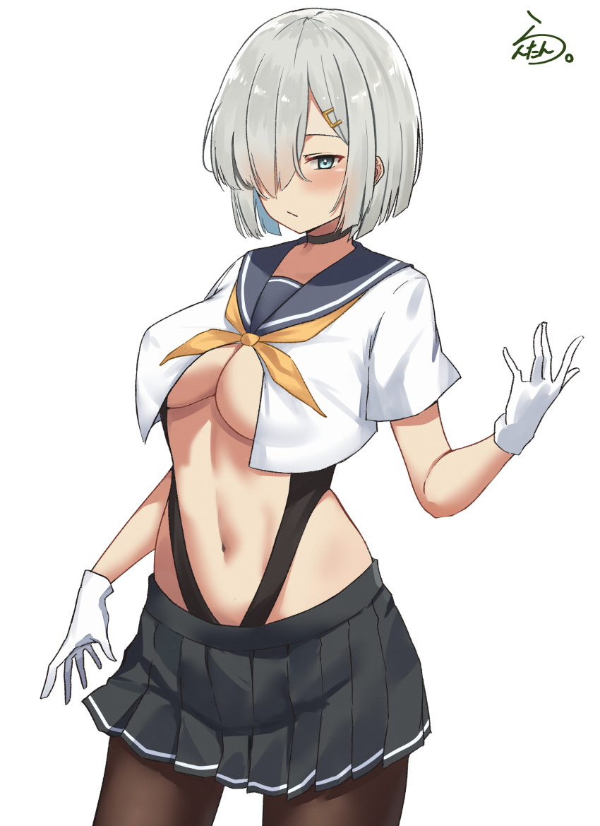 absurdres adapted_costume artist_logo black_one-piece_swimsuit black_pantyhose blue_eyes breasts casual_one-piece_swimsuit cleavage female gloves grey_hair grey_sailor_collar grey_skirt hair_ornament hairclip hamakaze_(kancolle) highres kantai_collection lanthan large_breasts one-piece_swimsuit pantyhose pleated_skirt sailor_collar shirt short_hair simple_background skirt solo swimsuit swimsuit_under_clothes white_background white_gloves white_shirt