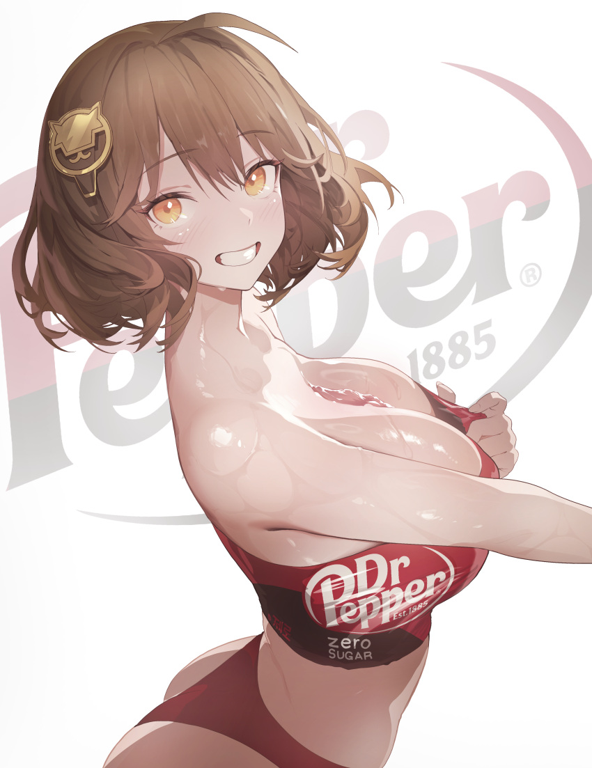 absurdres ahoge alternate_costume anis_(nikke) bandeau bare_shoulders breasts brown_hair buruma cleavage clothes_writing clothing_request collarbone commentary dr_pepper english_commentary female from_side goddess_of_victory:_nikke grin hair_between_eyes hair_ornament highres holding houh888 huge_breasts liquid looking_at_viewer midriff red_buruma shiny_skin short_hair simple_background smile solo strapless tube_top upper_body white_background yellow_eyes