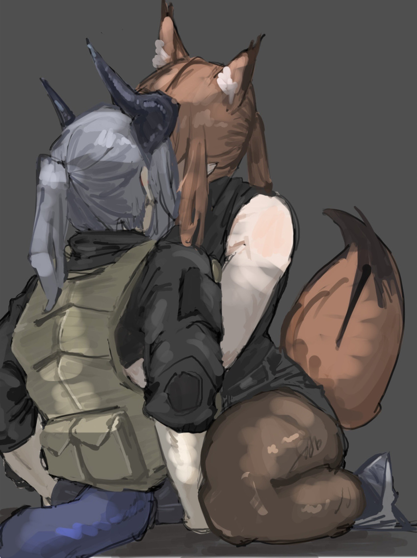 2girls animal_ear_fluff animal_ears arknights bare_shoulders black_jacket brown_hair brown_pantyhose bulletproof_vest commentary dragon_girl dragon_horns dragon_tail english_commentary fox_ears fox_tail franka_(arknights) grey_background grey_hair highres horns jacket kissing liskarm_(arknights) liskarm_(overload)_(arknights) long_hair medium_hair multiple_girls pantyhose ponytail tail wishyouiuck yuri