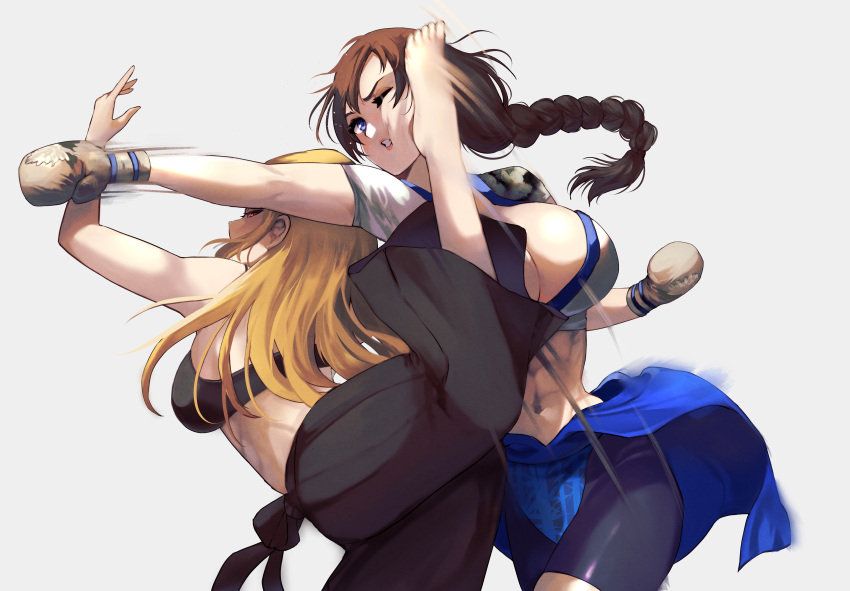 2girls abs absurdres back baggy_pants bare_shoulders barefoot belt bike_shorts black_belt black_pants black_sports_bra blonde_hair blue_eyes blue_jacket blue_trim borrowed_character boxing boxing_gloves braid braided_ponytail breasts brown_hair bursting_breasts catfight center_opening cleavage clenched_teeth clothes_around_waist counter-attack dougi eliza_harenwood_(thespeakergram) english_commentary feet foot_on_another's_face foot_up foreshortening highres hitting huge_breasts jacket jacket_around_waist kicking long_hair looking_back messy_hair midriff missed_shot motion_blur motion_lines multiple_girls navel ohxs one_eye_closed original pants parted_lips pink_lips punching red_eyes shaded_face shiny_skin so-wol_han_(darkestdanjjan) sports_bra taekwondo teeth toned_female white_background