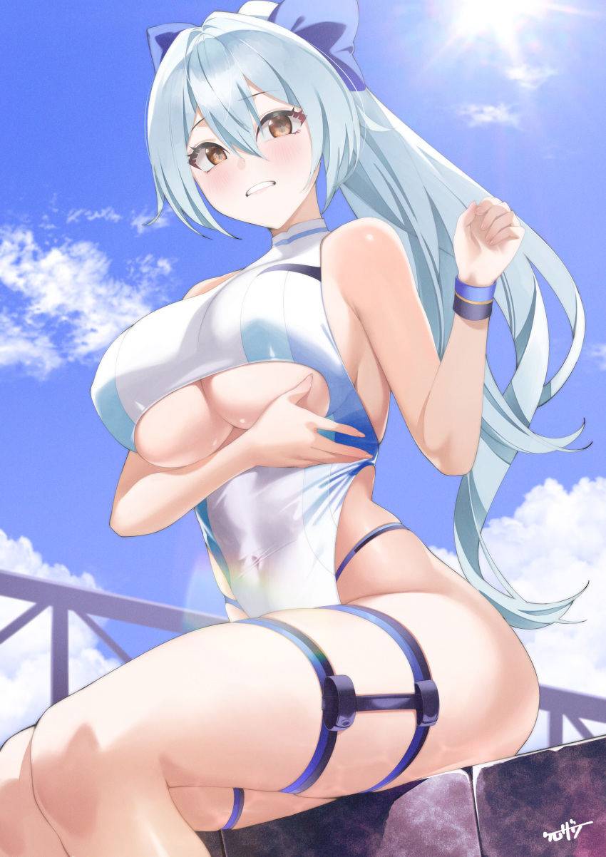 absurdres adapted_costume bare_shoulders blue_bow blue_one-piece_swimsuit blue_sky blush bow breasts clothing_cutout fate/grand_order fate_(series) female hair_between_eyes hairbow highleg highleg_one-piece_swimsuit highres kurozawa_yui large_breasts long_hair looking_at_viewer one-piece_swimsuit outdoors ponytail red_eyes sitting sky solo swimsuit thigh_strap thighs tomoe_gozen_(fate) tomoe_gozen_(swimsuit_saber)_(fate) tomoe_gozen_(swimsuit_saber)_(first_ascension)_(fate) two-tone_swimsuit underboob underboob_cutout white_hair white_one-piece_swimsuit