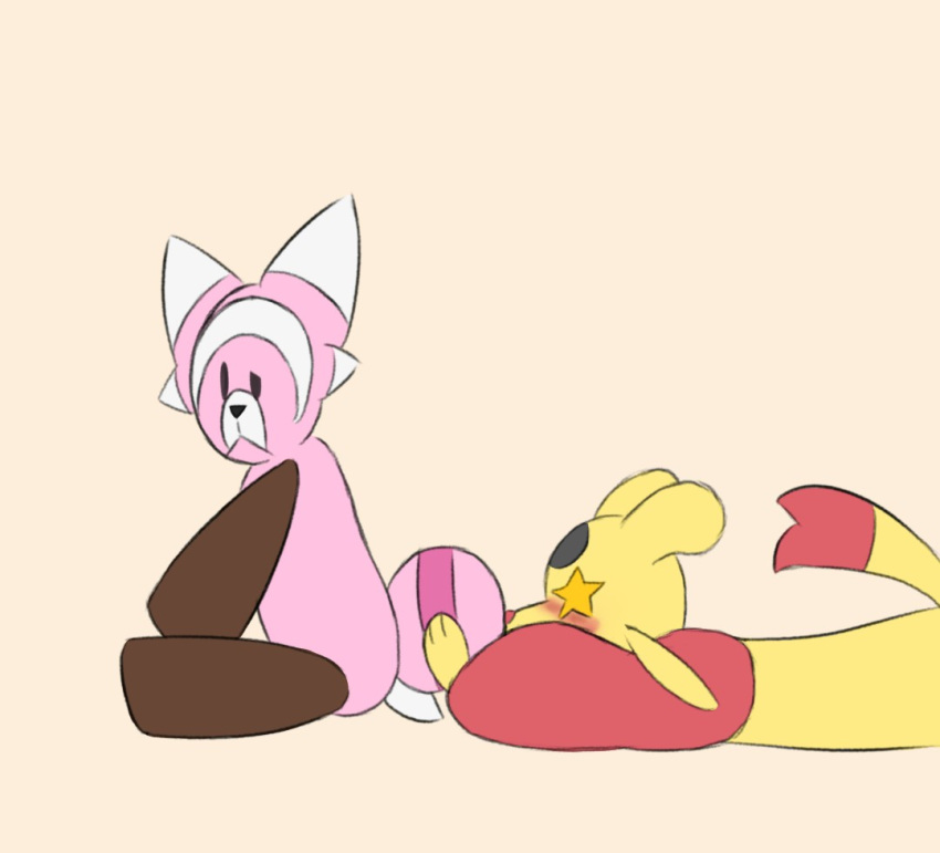 blush brown_body brown_fur confusion couple_(disambiguation) ecoloco fur generation_5_pokemon generation_7_pokemon mienfoo nintendo nose_touch pink_body pink_fur pokemon pokemon_(species) red_body red_fur star_eyes stufful tenting touching_tail yellow_body yellow_fur