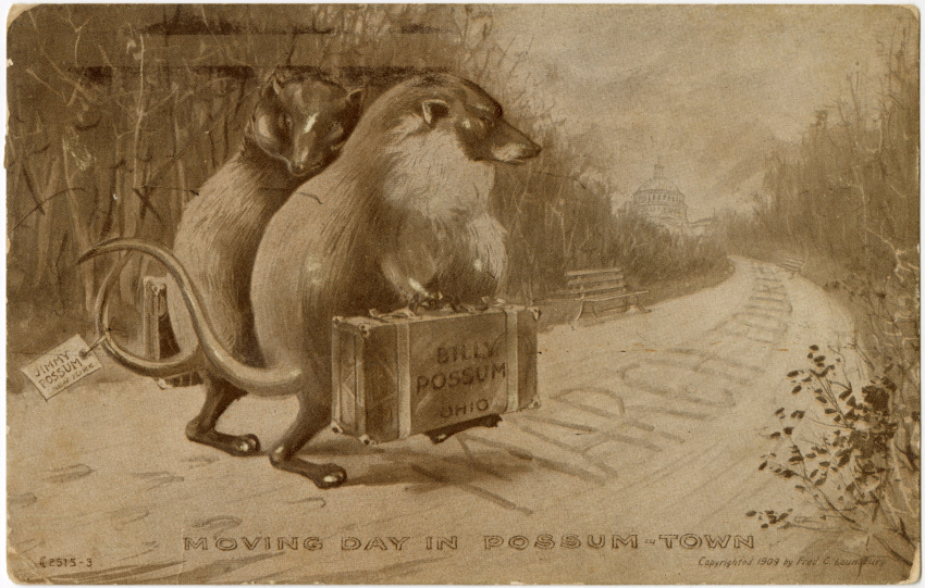 1909 20th_century absurd_res ambiguous_gender american_opossum ancient_art day duo english_text feet fingers fur hi_res mammal marsupial monochrome outside plant public_domain semi-anthro sepia standing suitcase tail text toes traditional_media_(artwork) unknown_artist virginia_opossum