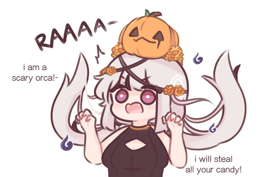 ^^^ artist_self-insert bare_arms bare_shoulders black_hair black_leotard blush_stickers breasts chonkyorca claw_pose cleavage cleavage_cutout clothing_cutout commentary english_text fangs female floating_hair grey_hair hands_up jack-o'-lantern leotard long_hair low_twintails medium_breasts multicolored_hair orca_(chonkyorca) original pumpkin_hat purple_eyes simple_background solo streaked_hair symbol-only_commentary twintails upper_body very_long_hair wavy_mouth white_background