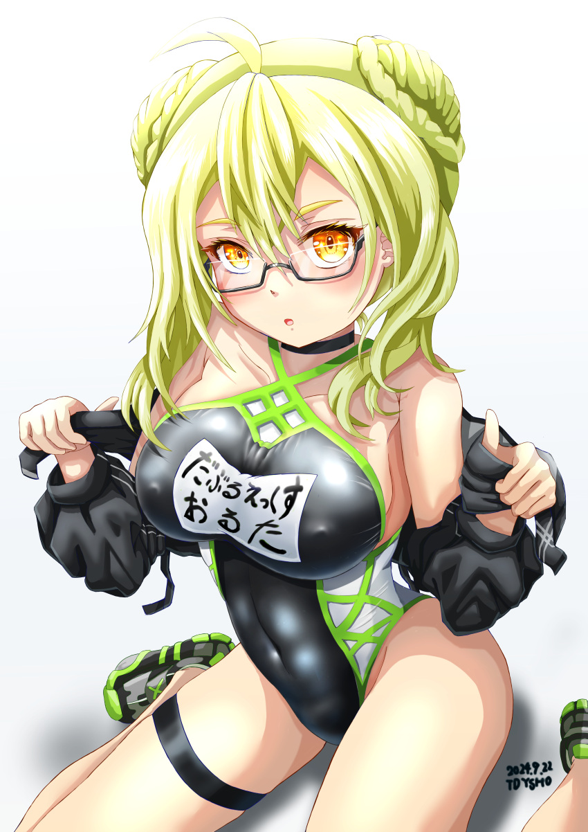 absurdres ahoge black_footwear black_jacket black_one-piece_swimsuit blonde_hair braid braided_bun breasts casual_one-piece_swimsuit covered_navel covered_nipples double_bun fate/grand_order fate_(series) female hair_bun highleg highleg_one-piece_swimsuit highres jacket large_breasts mysterious_heroine_xx_alter_(fate) name_tag one-piece_swimsuit shoes simple_background sitting sneakers solo swimsuit tdysho wariza white_background yellow_eyes