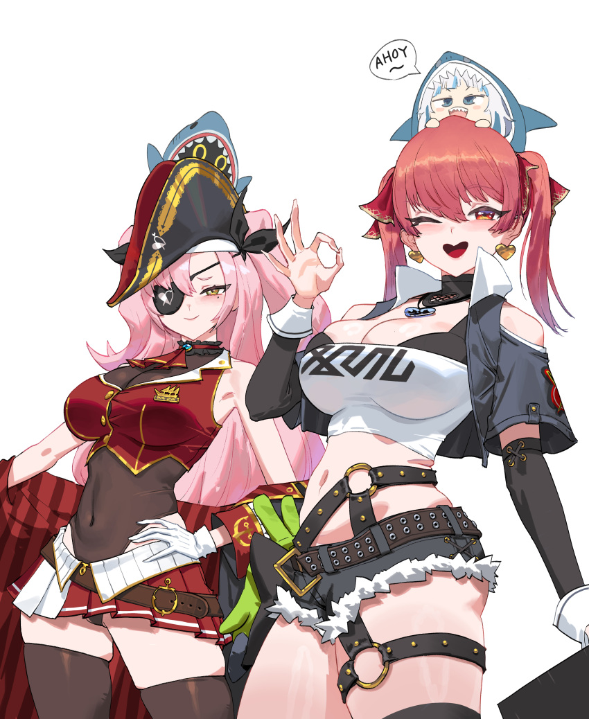 absurdres black_bra black_hat black_leotard black_shorts black_thighhighs blue_jacket bra breasts cleavage cosplay costume_switch cropped_jacket crossover denim earrings eyepatch gloves hat heart heart_earrings highres hololive hololive_english houshou_marine houshou_marine_(1st_costume) houshou_marine_(cosplay) jacket jewelry large_breasts leotard long_hair mini_person miniskirt mole mole_under_eye money_gesture navel nicole_demara nicole_demara_(cosplay) one_eye_closed pirate_hat pleated_skirt red_eyes red_hair red_jacket red_skirt see-through_clothes see-through_leotard short_shorts shorts simple_background single_glove skirt sleeveless sleeveless_jacket strapless thighhighs tube_top twintails underwear very_long_hair virtual_youtuber white_background white_gloves white_tube_top wonbin_lee yellow_eyes zenless_zone_zero