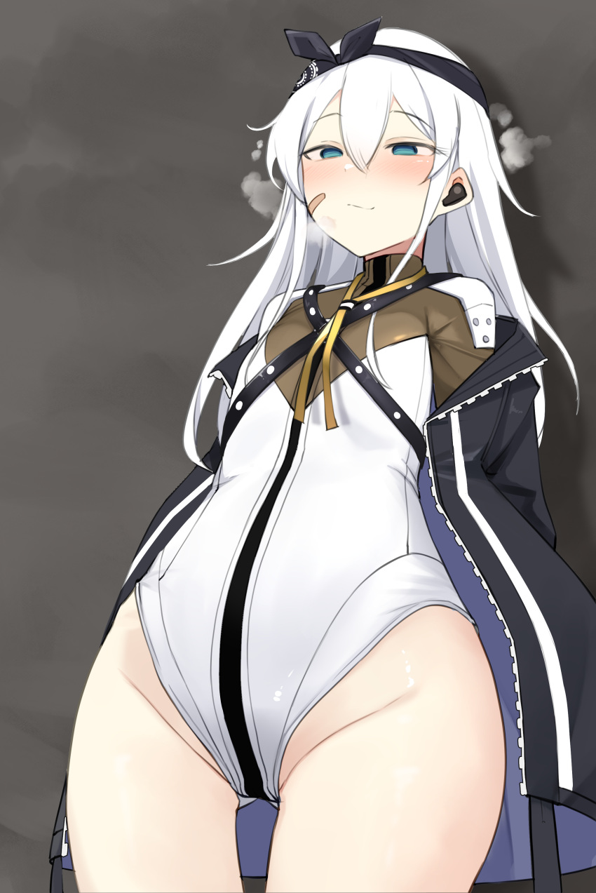 absurdres bandaid bandaid_on_cheek bandaid_on_face bandana belt black_jacket blue_eyes blush breath closed_mouth cowboy_shot daebom earpiece female full-length_zipper girls'_frontline groin hair_between_eyes highres jacket leotard looking_down neck_ribbon open_clothes open_jacket ribbon solo stomach white_hair white_leotard xm3_(girls'_frontline) yellow_ribbon zipper