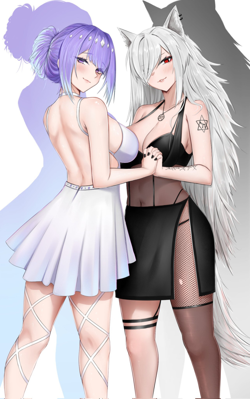 2girls animal_ears arm_tattoo astria_live black_nails black_skirt breasts cleavage closed_mouth collarbone corrupted_twitter_file discordia_(vtuber) dress earrings fishnets fox_ears fox_girl hair_over_one_eye highres indie_virtual_youtuber interlocked_fingers jewelry large_breasts median_furrow multiple_girls navel parted_lips pentagram_necklace purple_eyes purple_hair red_eyes second-party_source shadow side_slit single_leg_pantyhose skirt star_tattoo tattoo virtual_youtuber white_dress white_hair yunareas