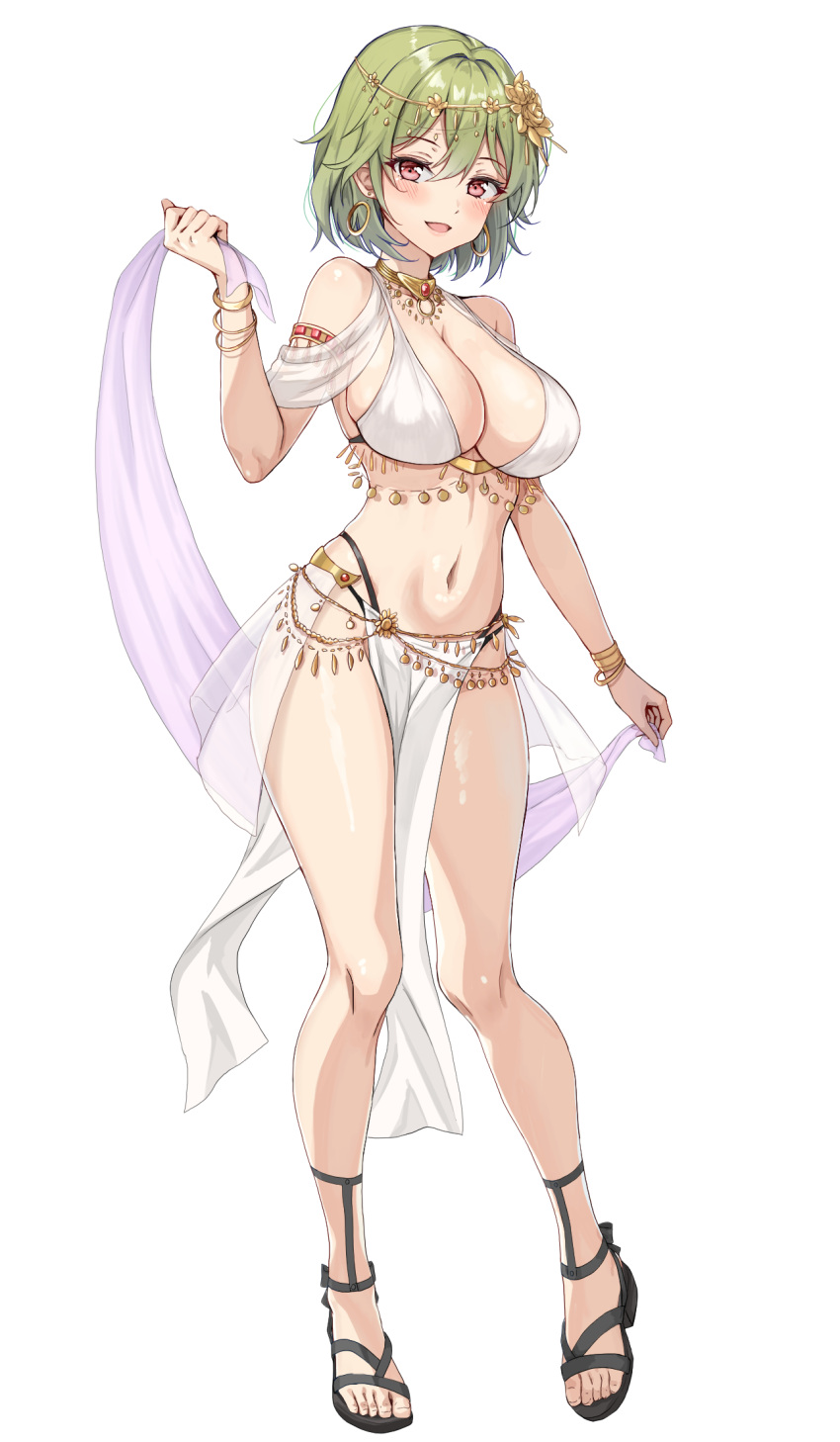 :d amagi_(amagi626) armlet bracelet breasts dancer earrings female full_body gladiator_sandals green_hair highres jewelry kazami_yuuka large_breasts navel pelvic_curtain red_eyes revealing_clothes sandals see-through_clothes shawl short_hair smile solo touhou variant_set white_background